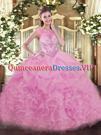 Excellent Lilac Lace Up Sweet 16 Quinceanera Dress Beading and Ruffles Sleeveless Floor Length