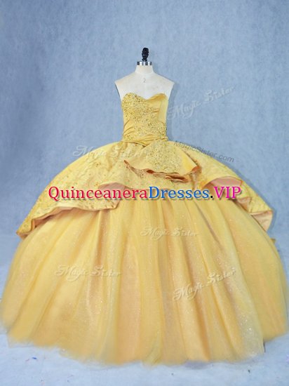Gold Quince Ball Gowns Sweet 16 and Quinceanera with Beading and Appliques Sweetheart Sleeveless Court Train Lace Up - Click Image to Close