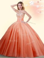 Orange Red Ball Gown Prom Dress Military Ball and Sweet 16 and Quinceanera with Beading Sweetheart Sleeveless Lace Up