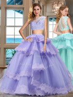 Enchanting Lavender Two Pieces Bateau Cap Sleeves Tulle Floor Length Zipper Lace and Appliques and Ruffled Layers Vestidos de Quinceanera