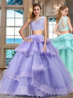 Enchanting Lavender Two Pieces Bateau Cap Sleeves Tulle Floor Length Zipper Lace and Appliques and Ruffled Layers Vestidos de Quinceanera(SKU SXQD081BIZ)