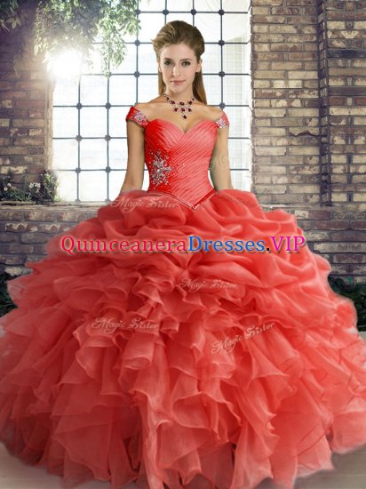Off The Shoulder Sleeveless Organza Quince Ball Gowns Beading and Ruffles and Pick Ups Lace Up - Click Image to Close