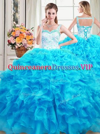 Shining Straps Floor Length Ball Gowns Sleeveless Baby Blue Sweet 16 Dresses Lace Up