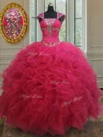 Decent Square Cap Sleeves Tulle Ball Gown Prom Dress Beading and Ruffles Lace Up