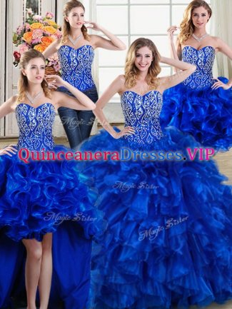 Four Piece Sweetheart Sleeveless Brush Train Lace Up Quinceanera Gown Royal Blue Organza