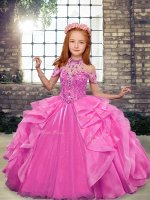 High-neck Sleeveless Little Girl Pageant Gowns Floor Length Beading and Ruffles Rose Pink Organza