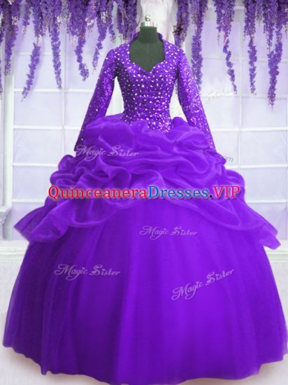 Beauteous Purple Zipper Quinceanera Gowns Sequins and Pick Ups Long Sleeves Floor Length - Click Image to Close