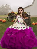 Floor Length Fuchsia Little Girl Pageant Gowns Straps Sleeveless Lace Up