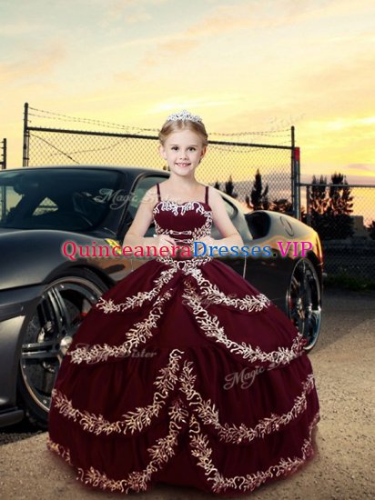 Burgundy Ball Gowns Satin Straps Sleeveless Embroidery Floor Length Lace Up Kids Formal Wear - Click Image to Close