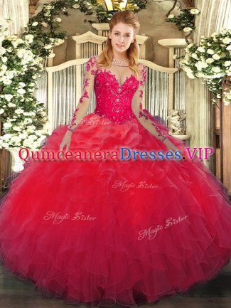 Glamorous Red Lace Up Scoop Lace and Ruffles Quinceanera Dress Organza Long Sleeves