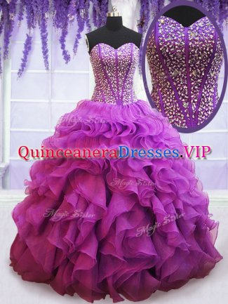 Sweetheart Sleeveless Ball Gown Prom Dress Floor Length Beading and Ruffles Eggplant Purple Organza