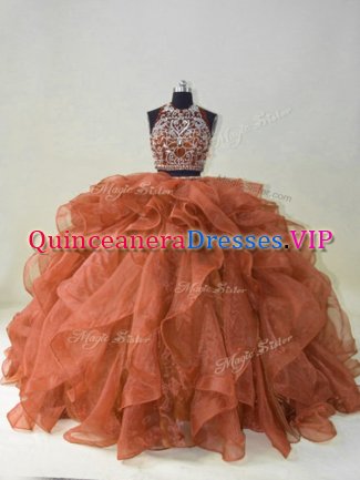 High Quality Brown Halter Top Neckline Beading and Ruffles Quinceanera Gowns Sleeveless Backless