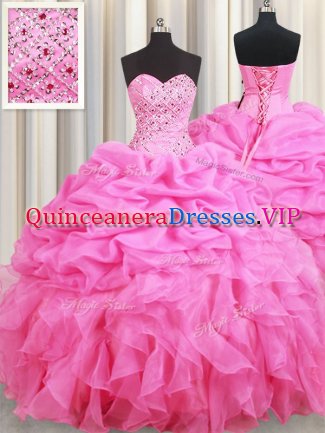 Inexpensive Pick Ups Rose Pink Sleeveless Organza Lace Up Quinceanera Gowns for Military Ball and Sweet 16 and Quinceanera