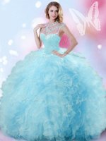 Graceful Tulle High-neck Sleeveless Zipper Beading and Ruffles and Pick Ups Quinceanera Gown in Light Blue