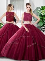 Scoop Sleeveless Sweet 16 Dress Floor Length Lace and Ruching Burgundy Tulle