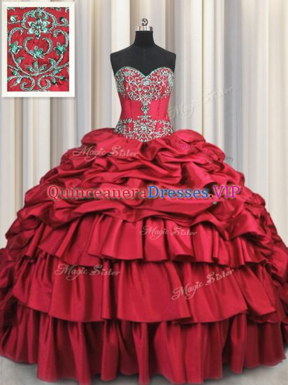 Lovely Wine Red Lace Up Sweetheart Beading and Embroidery and Ruffled Layers and Pick Ups 15th Birthday Dress Taffeta Sleeveless Brush Train - Click Image to Close