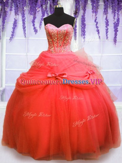 Fashionable Coral Red Lace Up Sweetheart Beading and Bowknot Sweet 16 Dresses Tulle Sleeveless - Click Image to Close