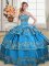Custom Made Blue Ball Gowns Embroidery and Ruffled Layers Quince Ball Gowns Lace Up Satin and Organza Sleeveless Floor Length