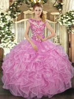 Lilac Ball Gowns Scoop Cap Sleeves Organza Floor Length Lace Up Beading and Appliques and Ruffles Quinceanera Dresses