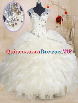 Amazing Straps Cap Sleeves Quince Ball Gowns Floor Length Beading and Ruffles Champagne Organza