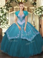 Satin and Tulle Sweetheart Sleeveless Lace Up Beading and Embroidery Quinceanera Gowns in Teal