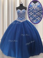 Fashionable Royal Blue Sleeveless Floor Length Beading and Sequins Lace Up Quinceanera Dress