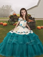 On Sale Teal Ball Gowns Tulle Straps Sleeveless Embroidery and Ruffled Layers Floor Length Lace Up Pageant Dress for Girls