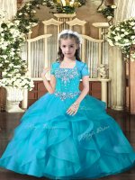 Enchanting Aqua Blue Ball Gowns Tulle Straps Sleeveless Beading and Ruffles Floor Length Lace Up Little Girl Pageant Dress