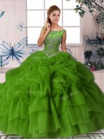 Sleeveless Organza Brush Train Zipper Sweet 16 Quinceanera Dress in Green with Beading and Pick Ups(SKU SJQDDT2092002-3BIZ)