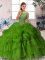 Sleeveless Organza Brush Train Zipper Sweet 16 Quinceanera Dress in Green with Beading and Pick Ups