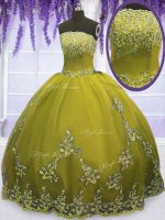 Olive Green Ball Gowns Tulle Strapless Sleeveless Appliques Floor Length Zipper Quinceanera Dresses