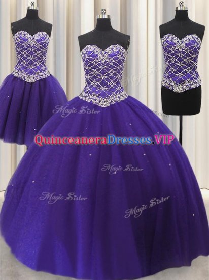Stylish Three Piece Tulle Sweetheart Sleeveless Lace Up Beading and Sequins Quinceanera Gown in Purple - Click Image to Close