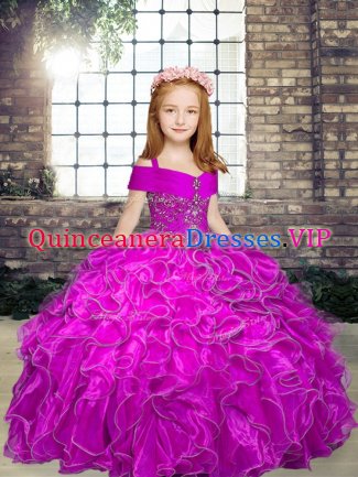 Straps Sleeveless Kids Formal Wear Floor Length Beading and Ruffles Fuchsia Organza