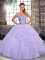 Inexpensive Sleeveless Beading and Ruffled Layers Lace Up Ball Gown Prom Dress with Lavender Brush Train