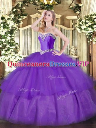 Sleeveless Floor Length Beading and Ruffled Layers Lace Up Quince Ball Gowns with Lavender