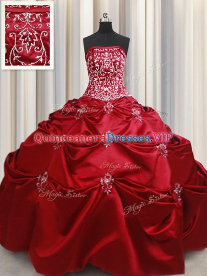 Wine Red Ball Gowns Strapless Sleeveless Taffeta Floor Length Lace Up Beading and Appliques and Embroidery Quinceanera Dress - Click Image to Close