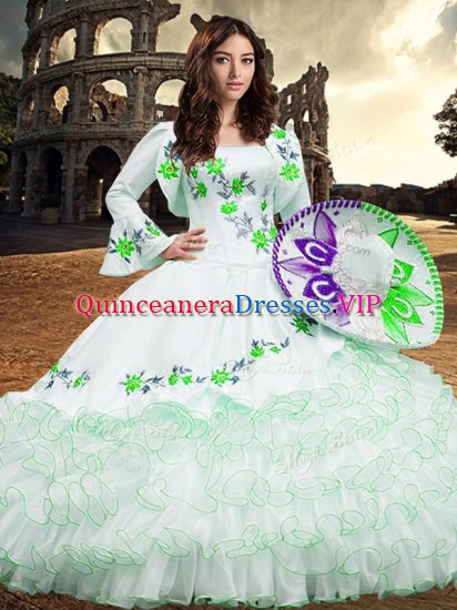 Organza Square Long Sleeves Lace Up Embroidery and Ruffled Layers Quinceanera Dresses in White - Click Image to Close