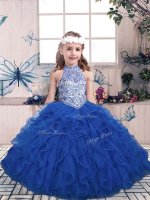 New Arrival Blue High-neck Lace Up Beading and Ruffles Kids Pageant Dress Sleeveless
