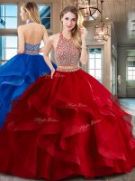 Hot Selling Halter Top Red Two Pieces Beading and Ruffles 15 Quinceanera Dress Backless Tulle Sleeveless With Train