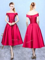 Wine Red Quinceanera Court Dresses Prom and Party with Appliques Off The Shoulder Cap Sleeves Lace Up