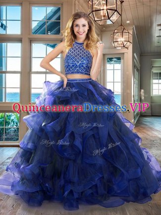 Shining Halter Top Royal Blue Sleeveless Tulle Brush Train Backless Quinceanera Gown for Military Ball and Sweet 16 and Quinceanera