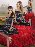 Glittering Off The Shoulder Sleeveless Lace Up Quinceanera Gown Red And Black Organza(SKU SJQDDT2155008BIZ)