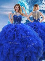 Sweet Royal Blue Sweet 16 Quinceanera Dress Military Ball and Sweet 16 and Quinceanera with Ruffles and Sequins Scoop Sleeveless Zipper