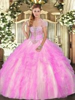 Modest Lilac Lace Up Vestidos de Quinceanera Appliques and Ruffles Sleeveless Floor Length
