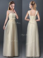 Lovely Scoop Sleeveless Vestidos de Damas Floor Length Lace and Hand Made Flower Champagne Tulle(SKU BMT0291A-1BIZ)