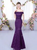 Purple Off The Shoulder Lace Up Lace Court Dresses for Sweet 16 Sleeveless
