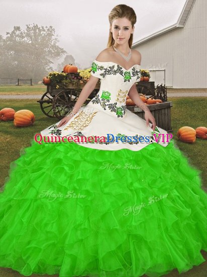 Green Off The Shoulder Lace Up Embroidery and Ruffles Ball Gown Prom Dress Sleeveless - Click Image to Close
