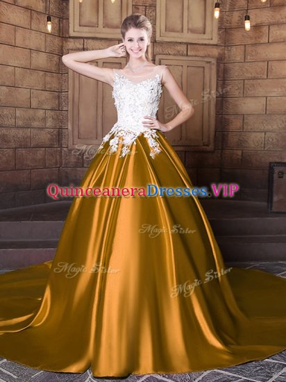 Gold Scoop Lace Up Lace and Appliques Sweet 16 Dresses Court Train Sleeveless - Click Image to Close