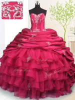 Rose Pink Organza and Taffeta Lace Up Strapless Sleeveless With Train Ball Gown Prom Dress Brush Train Beading and Appliques and Ruffled Layers and Pick Ups(SKU PSSW0389-11BIZ)