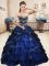 Superior Navy Blue Organza and Taffeta Lace Up Quince Ball Gowns Sleeveless Floor Length Beading and Appliques and Ruffled Layers and Pick Ups